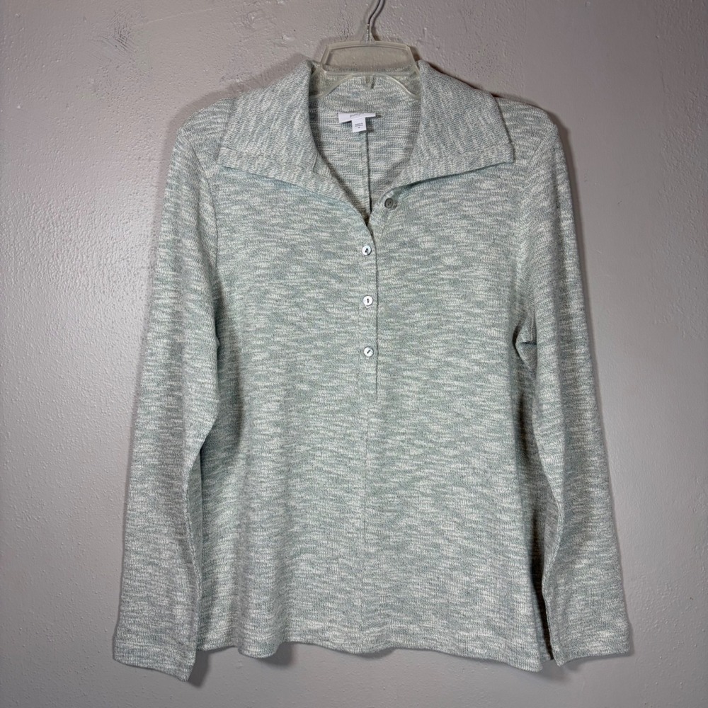Pure Jill J. Jill Womens Sage Green Marled Knit Button Front Polo Sweater Size M